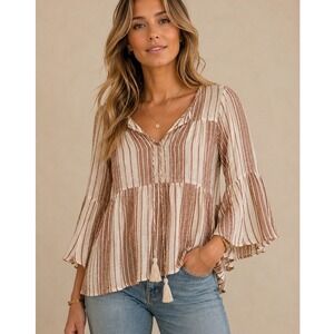 Blue Rain Boho Striped Rayon Peplum Tassel Tie Bell Sleeve Blouse XS